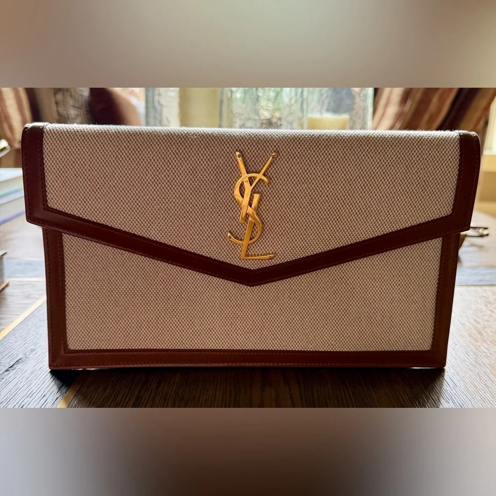 Saint Laurent Uptown Clutch Beige Canvas Tan Leather YSL $730 - Picture 6 of 10